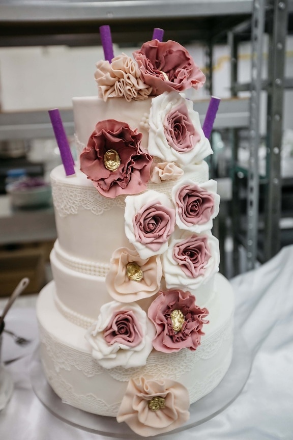 fleurs, gâteau, rosâtre, pastel, pâtisserie, gâteau de mariage, table de cuisine, cuisine, Rose, romance