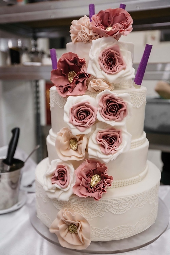 torta, konyhaasztal, konyha, tortabolt, esküvő, romantika, elegáns, házasság, Rózsa, virág