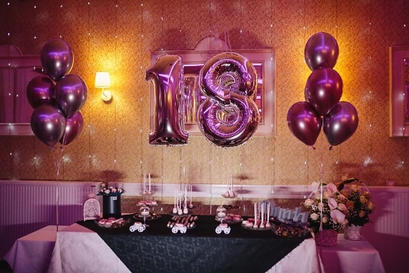 18 rođendan, helij, balon, otmeno, ružičasto, tinejdžerski, dekoracija, zabava, dizajn interijera, luksuzno