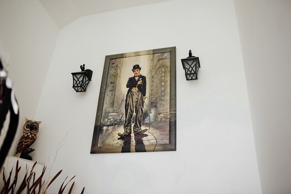 Charlie Chaplin painting, fine arts, walls, fancy, lantern, interior design, art, indoors, room, furniture