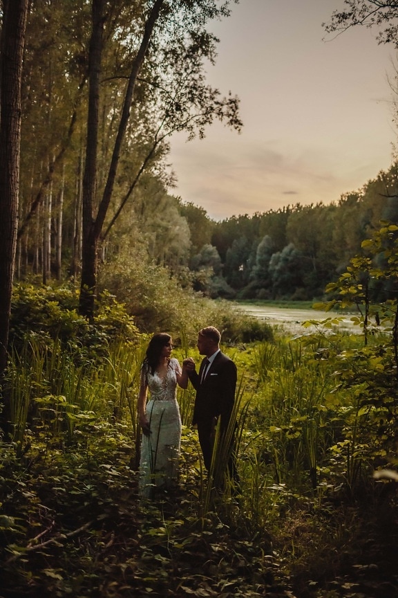 gentleman, groom, bride, lady, wilderness, swamp, tree, girl, landscape, forest