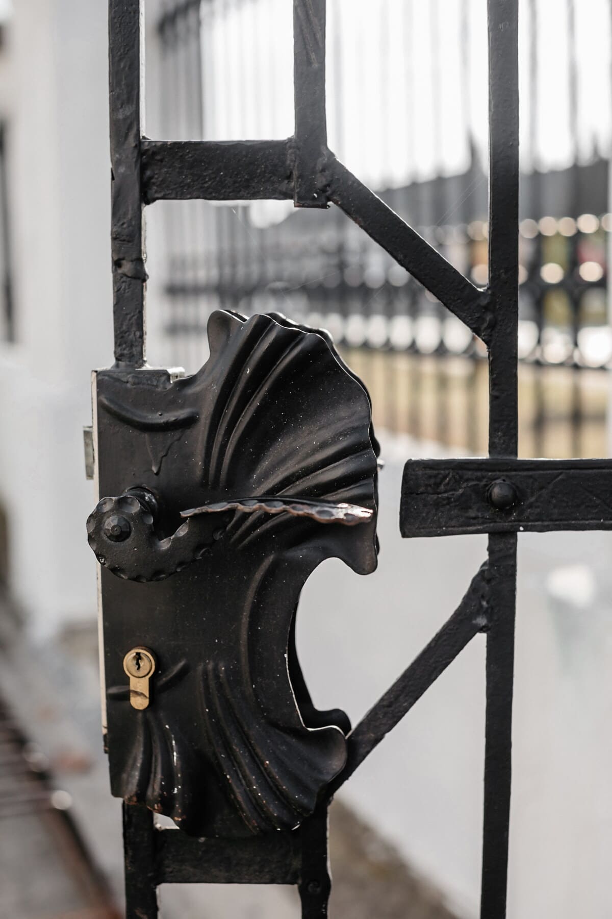 ferro fundido, preto, buraco da fechadura, portão, metal, ferro, aço, velho, arquitetura, cerca