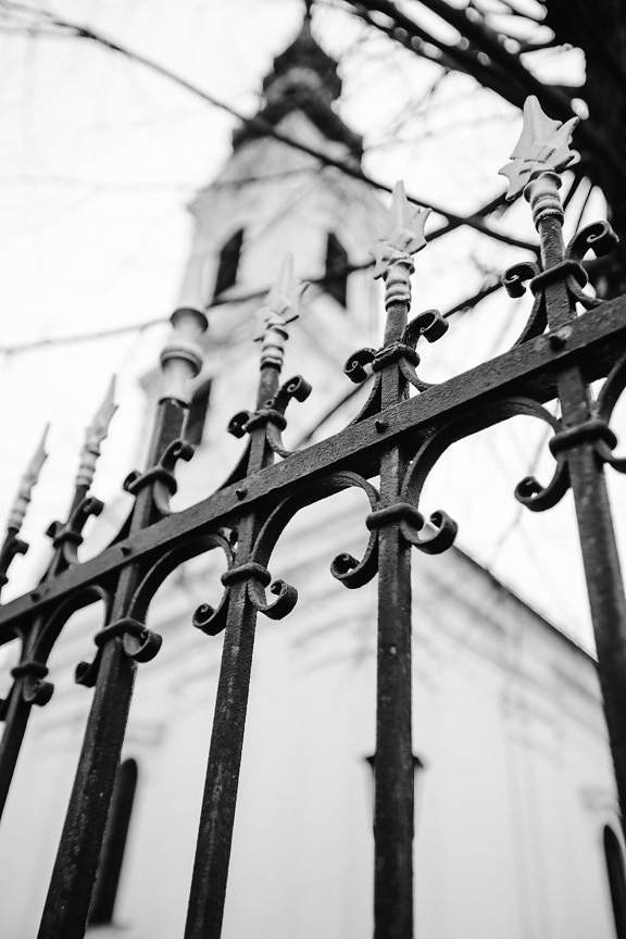 black and white, cast iron, arrowhead, fence, arrow, church tower, church, monochrome, winter, gate