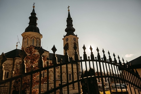 church tower, cast iron, fence, gate, gateway, church, backyard, architecture, religion, palace
