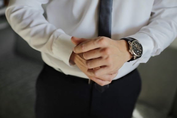 Luxusné, analógové hodiny, hodiny, podnikateľ, oblek z smokingu, náramkové hodinky, manažér, ruky, pekný, muž