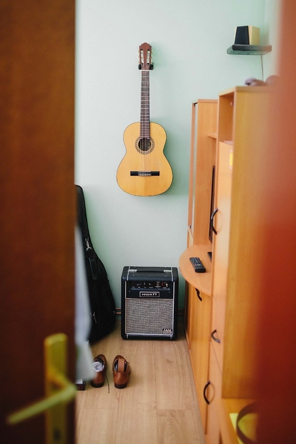 instrumento, guitarra, quarto, interior, música, móveis, som, madeira, sequência de caracteres, musical