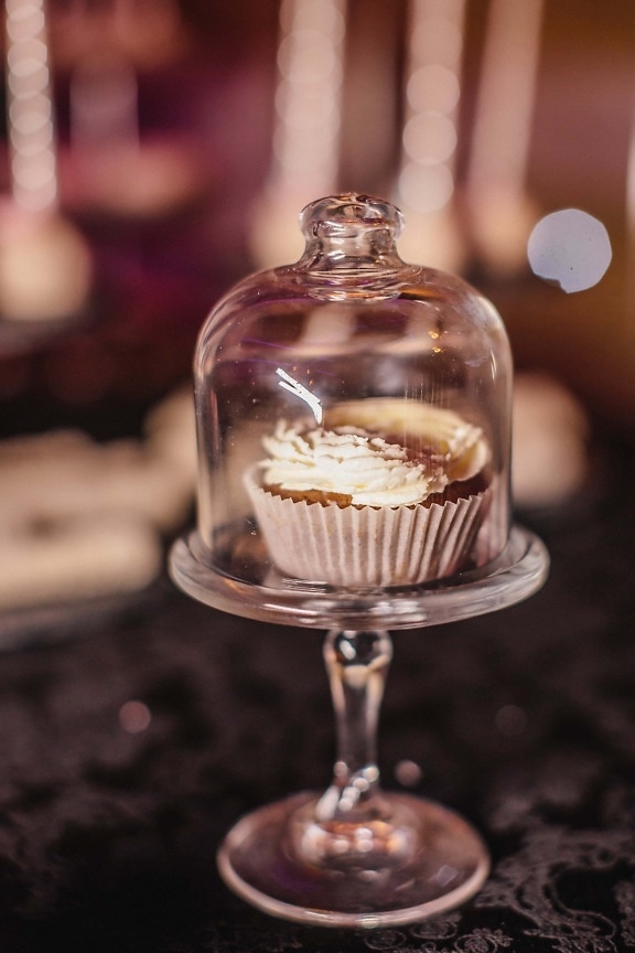 cupcake, vanilla, underneath, crystal, bell, glass, still life, indoors, candle, christmas