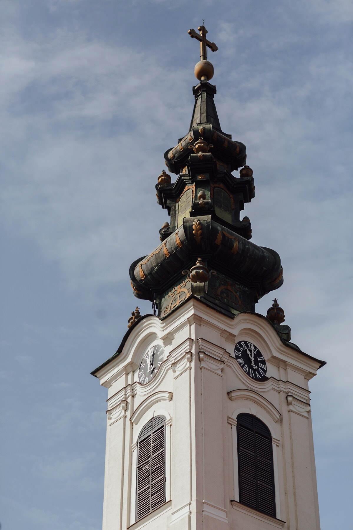 Torre de la iglesia, barroco, Cruz, esquina, cobre, construcción, iglesia, torre, antiguo, arquitectura
