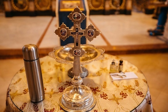 goldener Glanz, Kreuz, orthodoxe, Symbol, Christentum, Heilige, Christus, drinnen, Tabelle, Still-Leben