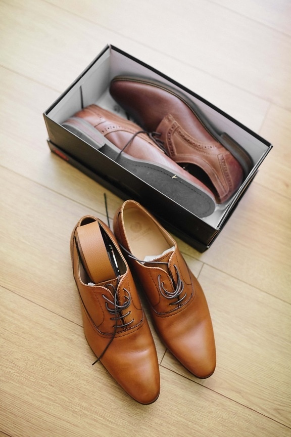 zapatos, clásico, marrón claro, moderno, caja, de lujo, cuero, ir de compras, mercancía, paquete