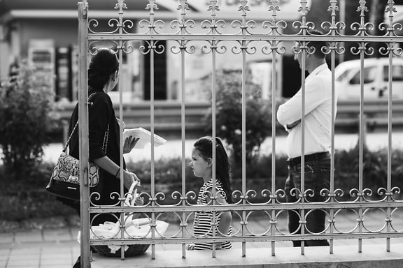 father, mother, family, daughter, monochrome, wait, people, street, man, black and white