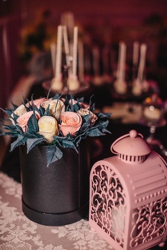 papír, růže, kytice, zátiší, romantický, světlo svíček, design interiéru, dřevo, dekorace, tradiční