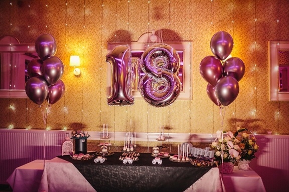 zabava, 18 rođendan, balon, ljubičasta, otmeno, dizajn interijera, luksuzno, svjetlo, soba, unutar
