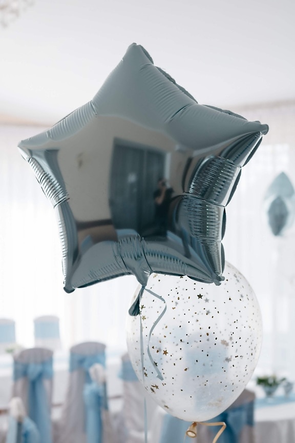 partij, verjaardag, helium, ballon, schijnend, ster, binnenshuis, viering, decoratie, decoratieve