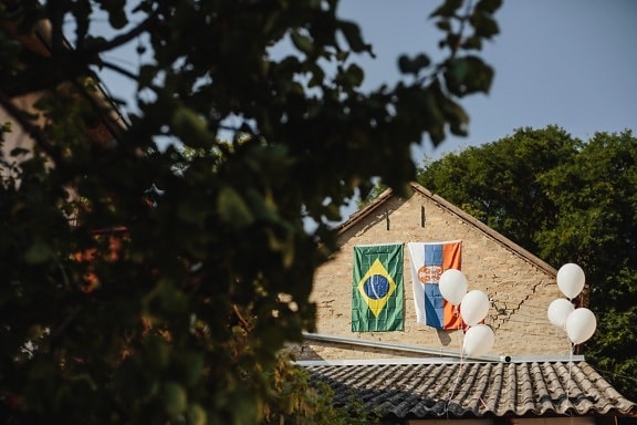Brasil, Serbia, flag, balloon, rooftop, roofs, architecture, tree, home, house