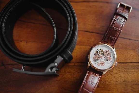 wristwatch, modern, belt, leather, light brown, wood, retro, old, vintage, time