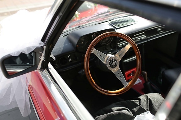 wooden, steering wheel, interior, sedan, car, oldtimer, dashboard, windshield, old style, old fashioned