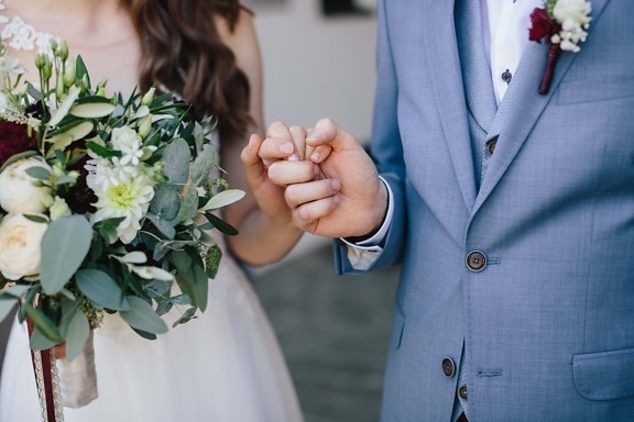 младоженец, държейки се за ръце, булката, брак, ръце, доверието, доверие, сватбена рокля, костюм от смокинг, Любов