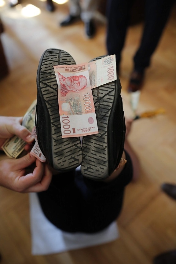 banknote, Serbian dinar, shoes, celebration, party, funny, money, hand, indoors, people