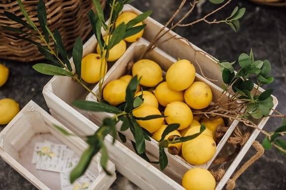 mercado, limão, caixas, de madeira, cesta de vime, citrino, frutas, folha, comida, produzir