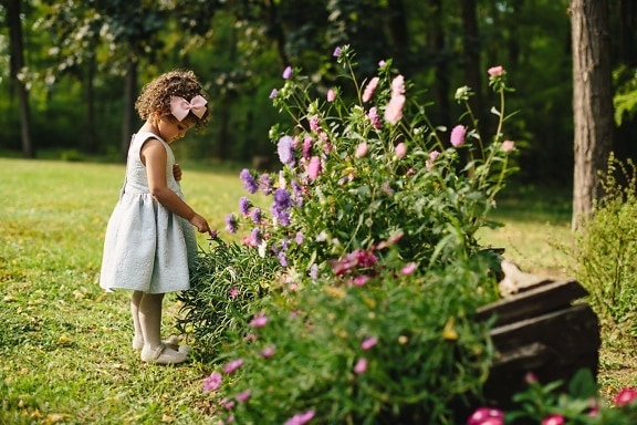 flower garden, adorable, pretty girl, girl, fancy, young, child, dress, enjoying, hairstyle