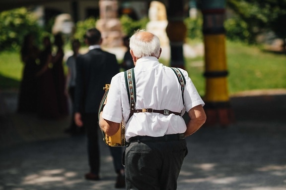 old man, elderly, walking, accordion, musician, street, person, people, city, man