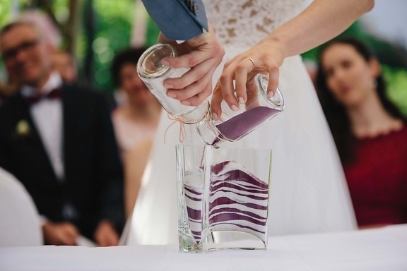 glass, bottles, colors, sand, togetherness, man, bride, wedding, groom, woman