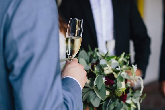 man, holding, wine, white wine, champagne, glass, event, celebration, alcohol, groom