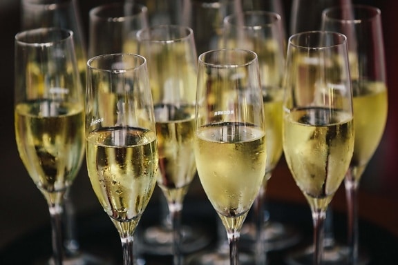 champagne, vino blanco, cristal, vidrio, muchos, bebida, alcohol, aniversario, celebración, vino