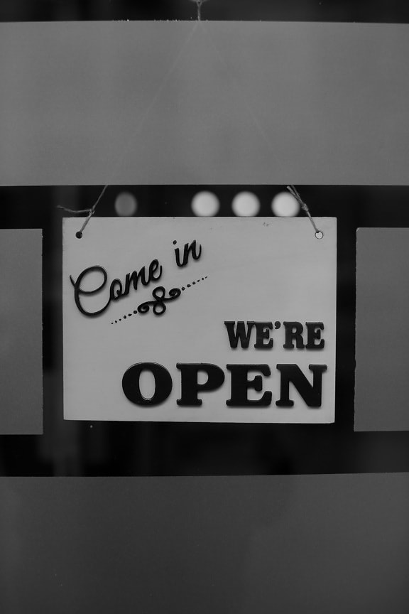 open, shop, sign, text, symbol, marketing, advertising, shopping, black and white, monochrome