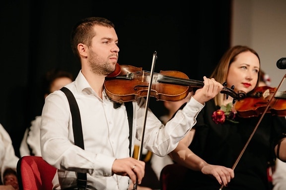 woman, violin, man, concert, performance, orchestra, performer, music, musician, instrument