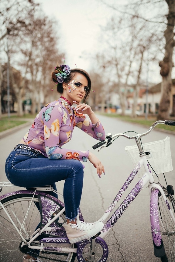 pretty girl, bicycle, glamour, fancy, posing, cosmetic, hairstyle, outfit, street, girl