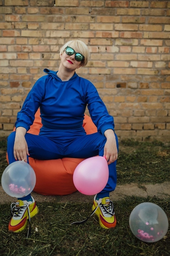 blue, outfit, sport, blonde hair, relaxation, sitting, young woman, girl, portrait, balloon