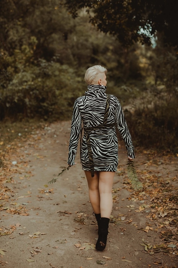 young woman, walking, alone, forest path, girl, portrait, model, fashion, people, woman