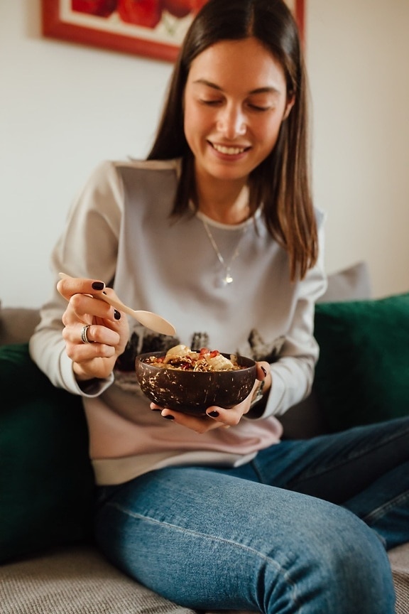eating, young woman, cereal, muesli, oatmeal, breakfast, woman, indoors, sit, enjoyment