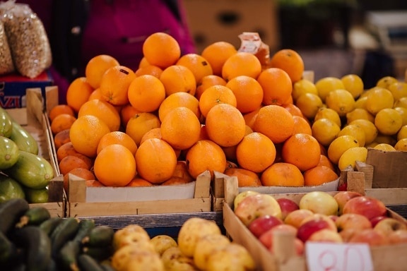 tržiště, pomeranče, jablka, okurka, Koš, citron, zboží, obchodník, produkty, trh