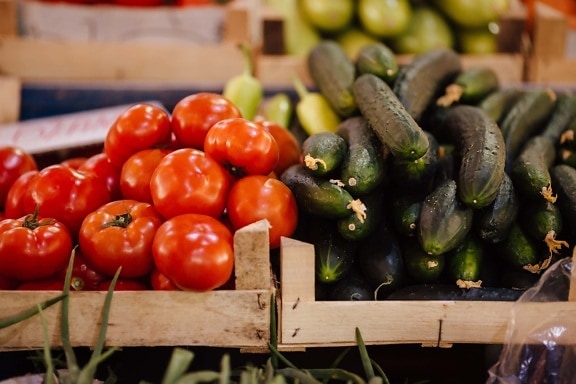红, 西红柿, 杂货, 市场, 购物, 黄瓜, 产品, 农业, 蔬菜, 番茄