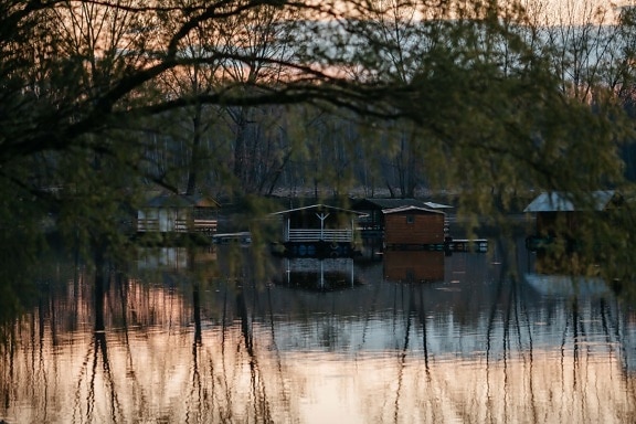 water, tree, river, dawn, boathouse, nature, reflection, lake, sunset, landscape