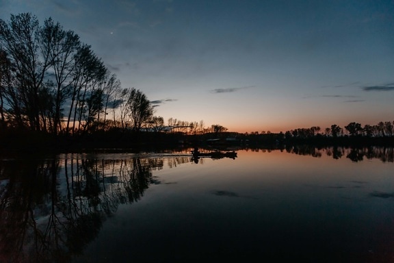 sunrise, silhouette, fisherman, boat, lakeside, dark blue, darkness, channel, landscape, reflection