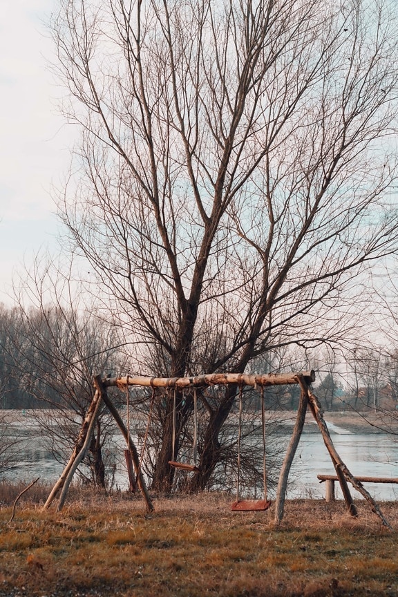 playground, rural, swing, riverbank, cold, landscape, tree, trees, forest, winter