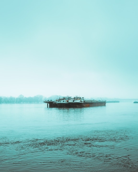 day, river, cargo ship, foggy, barge, transport, watercraft, water, beach, shipping