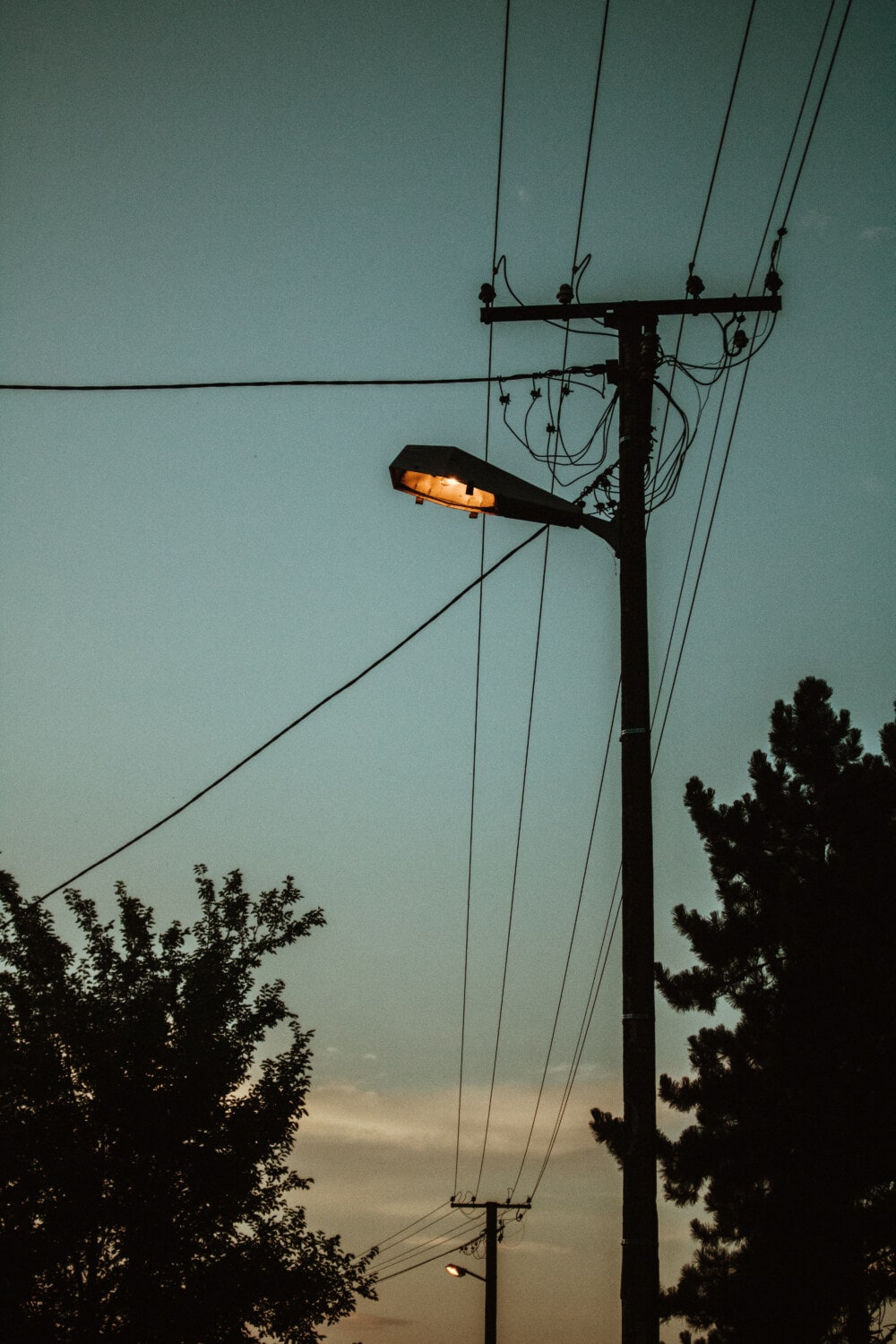 elektřina, žárovka, ulice, soumraku, stín, večer, vodiče, drát, elektrické, kabel