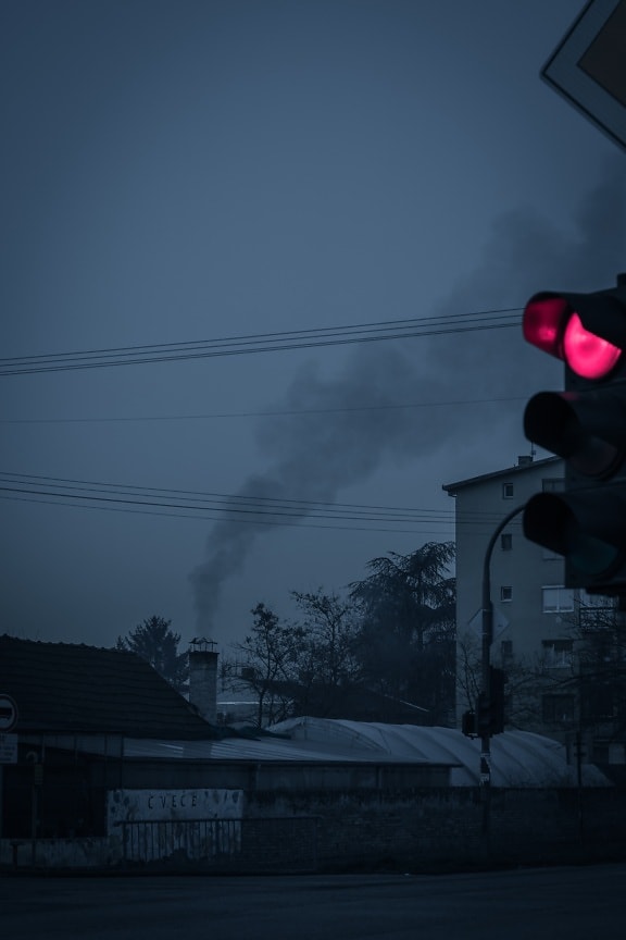 smoke, chimney, smog, evening, crossroads, night, semaphore, traffic light, traffic control, equipment