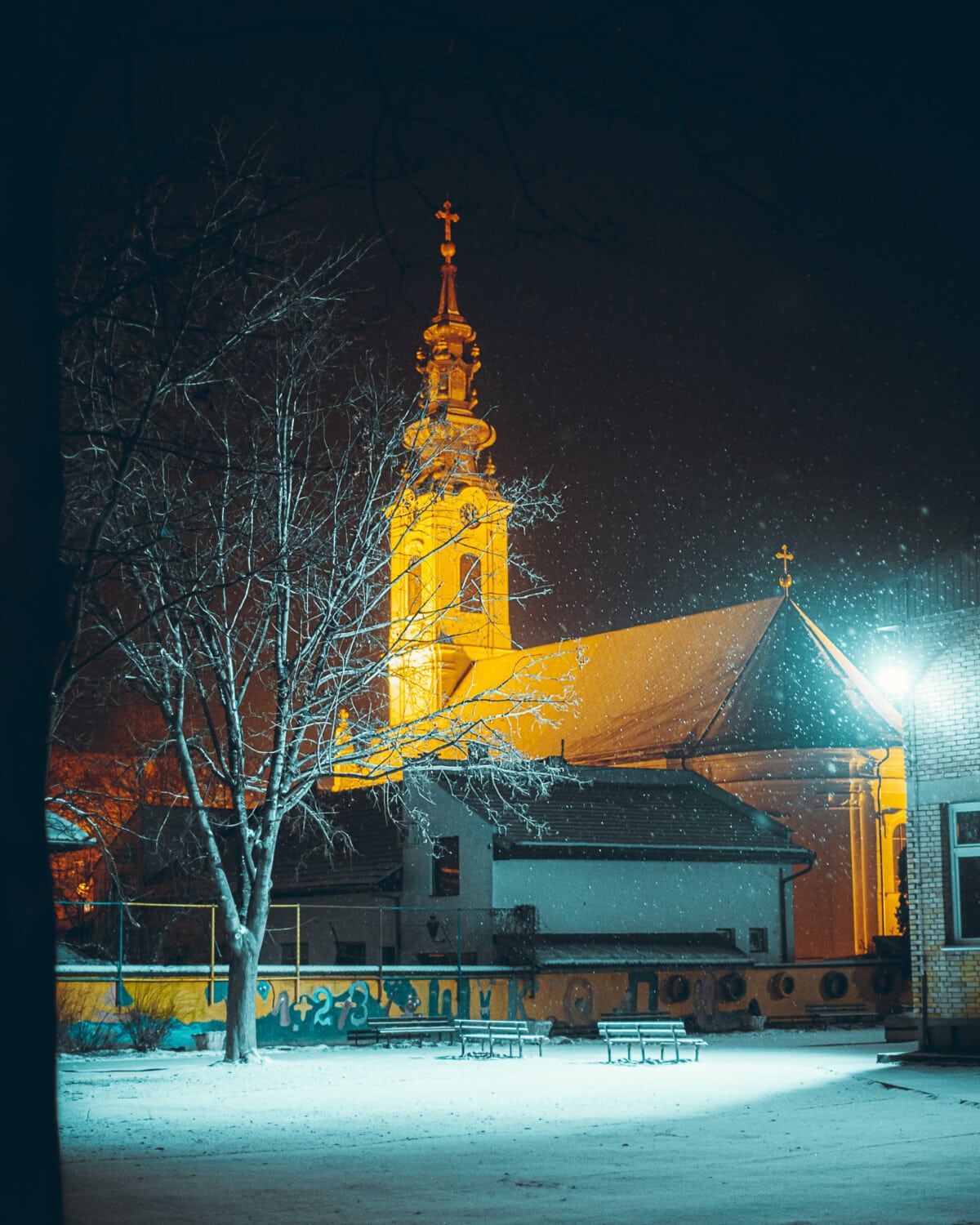 snowflakes, night, snowy, church, church tower, buildings, street, snow, winter, city