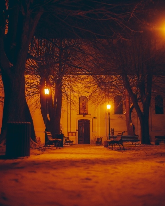 quintal, igreja, noite, lâmpada, meia-noite, rua, iluminação, luz, arquitetura, cemitério