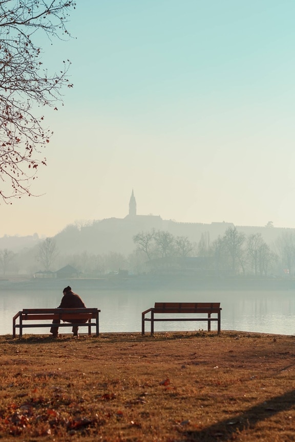 pensioner, sitting, riverbank, morning, fog, river, lakeside, dawn, shore, water