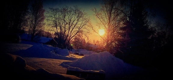 invierno, puesta de sol, tierras de cultivo, casa de campo, granero, amanecer, árbol, paisaje, nieve, luz