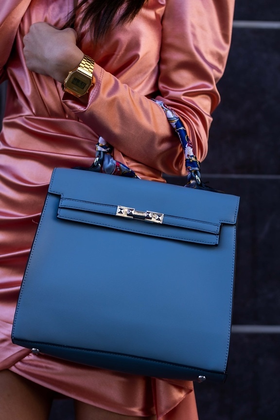чанта, синьо, златен блясък, ръчен часовник, мода, рокля, коприна, жена, багаж, кожа