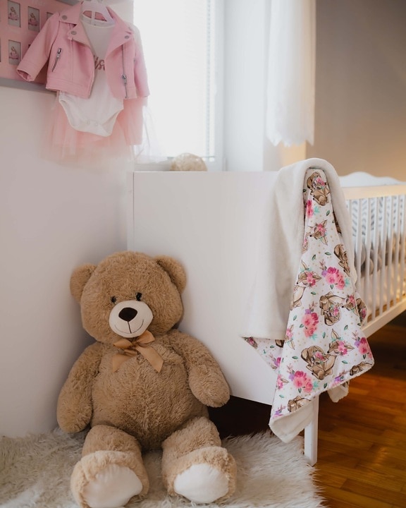 teddy bear toy, big, floor, parquet, sitting, bed, bedroom, baby, indoors, bear