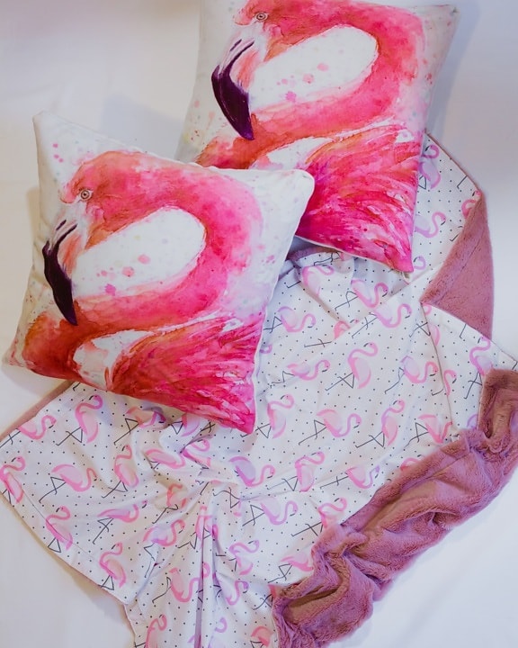 flamingo, cushion, design, bedroom, bed, pink, rose, art, color, painting